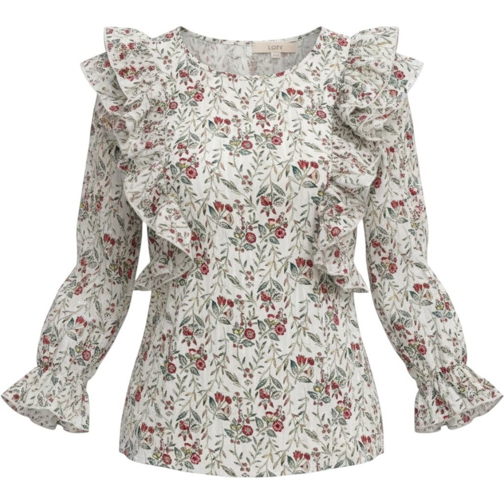 LOFT Floral Dobby Ruffle Blouse Metallic Stripe 3/4 Sleeve Cream Red Large